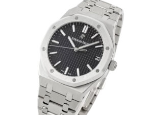 Royal Oak Stainless Steel watch with a 41mm case, black textured dial, and date display on matching stainless steel bracelet.