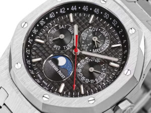 Royal Oak Perpetual Calendar watch in stainless steel, featuring a titanium grey dial and 41mm case with detailed subdials.