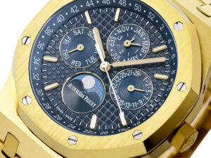 Royal Oak Perpetual Calendar 41mm in yellow gold featuring blue dial with moon phase, date, day, month, and week indicators.