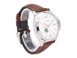 Luminor Due 42 Automatic watch with stainless steel case, white dial, and brown leather strap shown at an angled view.