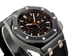 Royal Oak ‘Offshore Chronograph’ Ceramic watch with black dial, 44mm case, and black rubber strap displayed at an angle.
