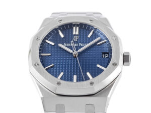 Royal Oak Stainless Steel watch with 41mm case, iconic blue dial, white hour markers, and date display at 3 o'clock.