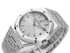 Royal Oak Stainless Steel watch with a silver textured dial, 41mm case, baton hour markers, and integrated bracelet.
