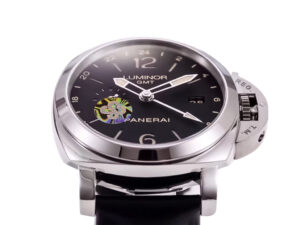 Luminor 1950 3 Days GMT 24h Automatic Acciaio watch with stainless steel case, black dial, and black strap displayed.