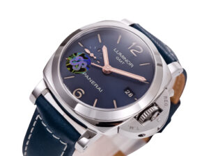 Luminor 1950 3 Days GMT Automatic Acciaio watch with stainless steel case, blue dial, and matching blue leather strap.