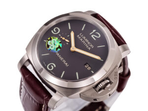 Luminor 1950 Marina 3 Days Automatic Titanium watch with a brown dial, gold-tone hands, and a brown leather strap (44mm).