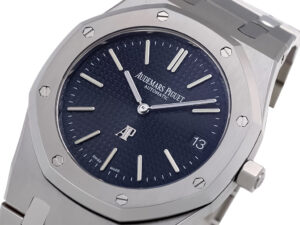 Royal Oak 'Jumbo Extra-Thin' Stainless Steel watch with blue dial, 39mm, featuring hour markers and date display.