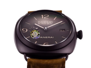 Radiomir Composite Black Seal 3 Days Automatic watch with brown dial, black case, and brown strap displayed front view.