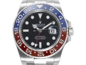 GMT-Master II Stainless Steel ‘Pepsi’ on Oyster (40mm) with a black dial, blue and red bezel, and luminescent hour markers.