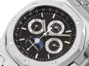 Royal Oak Perpetual Calendar 41mm watch in stainless steel with black dial, featuring day, date, month, moon phase displays.