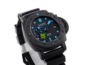 Luminor Submersible 47mm watch with a forged carbon case & bezel, black dial, luminous markers, & date display at 3 o’clock.