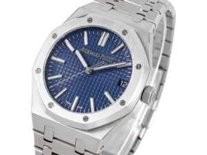Royal Oak Stainless Steel '50th Anniversary' watch with 41mm case & blue dial, showcasing its iconic design & craftsmanship.