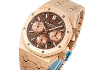 Royal Oak Chronograph Pink Gold with Chocolate Dial (41mm), featuring a luxurious design and intricate details.