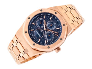 Royal Oak Perpetual Calendar Pink Gold 41mm watch with a blue dial, gold bracelet, and detailed calendar subdials.