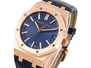 Royal Oak Pink Gold '50th Anniversary' watch with blue dial, octagonal bezel, leather strap, and 41mm case size.