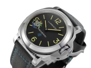 Luminor Base 44 Logo 3 Days Acciaio 'Blue OP' watch with stainless steel Bettarini-style case and black dial.