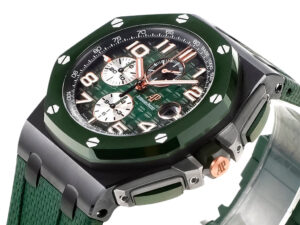 Royal Oak ‘Offshore Chronograph’ 44mm watch with green ceramic bezel and dial, silver sub-dials, and green strap.