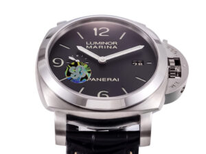 Luminor 1950 3 Days Automatic Stainless Steel watch with black dial, black strap, and visible date display (44mm).