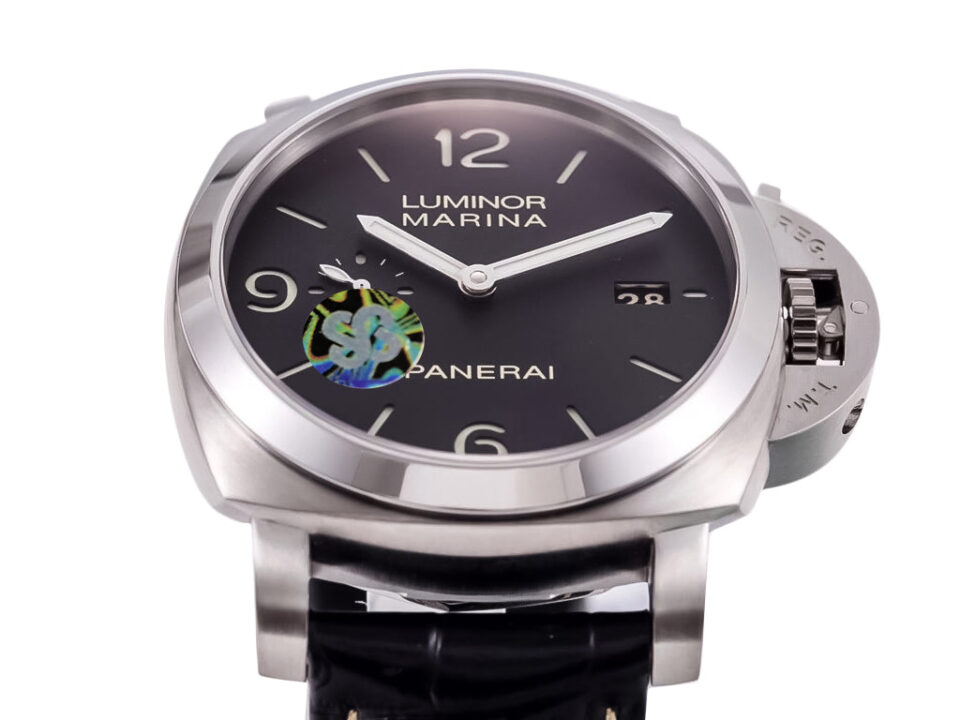 Luminor 1950 3 Days Automatic Stainless Steel watch with black dial, black strap, and visible date display (44mm).