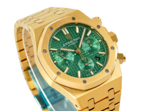 Royal Oak Chronograph Yellow Gold 41mm watch with a green dial, gold bracelet, and three subdials displaying details.