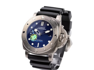 Luminor Submersible 47mm watch with BMG-Tech titanium case, blue dial, black rubber strap, and luminous markers.