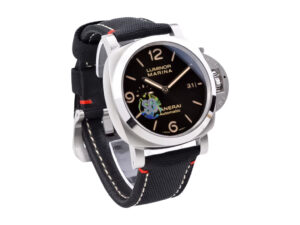 Luminor 1950 44 3 Days Automatic ‘Roma’ watch with stainless steel case, black sunburst dial, and black strap.
