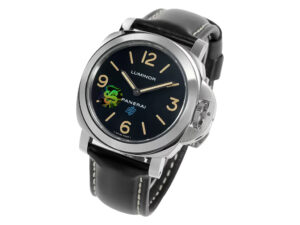 Luminor Base Logo Paneristi 15th Anniversary watch with stainless steel case, black dial, and black leather strap.