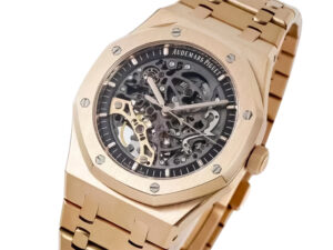 Royal Oak Pink Gold Openworked Double Balance Wheel watch (41mm) featuring intricate skeleton design and pink gold bracelet.