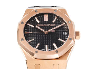 Royal Oak Pink Gold '50th Anniversary' watch with black dial, leather strap, and 41mm case displayed on a product page.