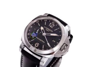 Luminor 1950 3 Days GMT watch with black dial, stainless steel case, black strap, and automatic movement displayed.