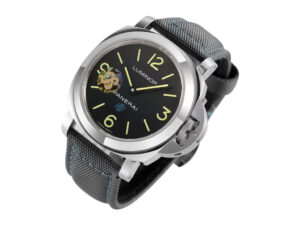 Luminor Base 44 Logo 3 Days Acciaio ‘Blue OP’ watch with stainless steel Bettarini-style case and black dial.