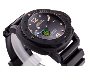 Luminor Submersible 47 3 Days Automatic watch with titanium & carbon case, black dial, and black strap displayed at an angle.