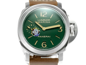 Luminor Marina 8 Days ‘Paneristi’ watch with stainless steel case, green dial, and brown leather strap.