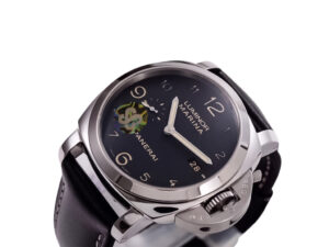 Luminor 1950 Marina 3 Days Automatic Stainless Steel watch, black dial with numerals, and black leather strap (44mm).