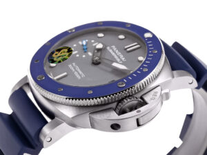 Luminor Submersible 42 3 Days Automatic watch with stainless steel case, shark-grey dial, and blue rubber strap.