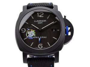 Luminor 1950 44 GMT Automatic 'Bucherer Blue Label Edition' watch with DLC-coated ceramic case and black strap.