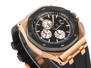 Royal Oak ‘Offshore Chronograph’ Pink Gold watch featuring a black dial, white subdials, and 44mm case with a black strap.