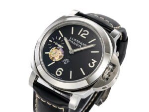 Luminor 44 Logo 3 Days watch with polished stainless steel case, black dial, and black strap shown at an angle.
