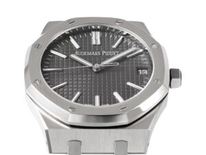 Royal Oak Stainless Steel '50th Anniversary' watch with a grey dial (41mm), featuring a date display and iconic design.