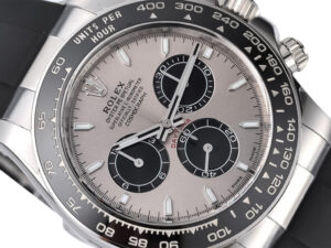 Cosmograph Daytona Stainless Steel Oysterflex with Grey Sunburst Dial (2023), featuring black bezel & chronograph sub-dials.