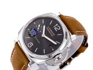Luminor Due 42 3 Days Date watch with a stainless steel case, grey sunburst dial, and brown strap displayed at an angle.