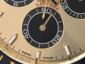 Close-up view of the Cosmograph Daytona Yellow Gold Oysterflex with Champagne Dial, showcasing exquisite craftsmanship.