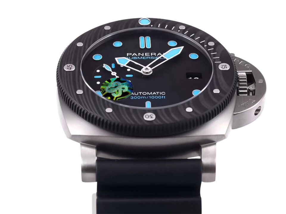 Luminor Submersible 47 3 Days Automatic watch with BMG-Tech titanium case, forged carbon bezel, and black strap.