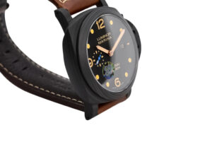 Luminor 1950 44 3 Days Automatic watch with Carbotech titanium and carbon case, black dial, and brown leather strap.