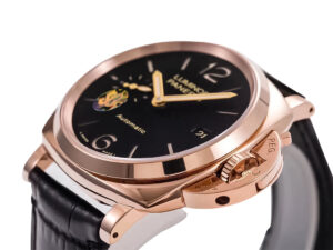 Luxurious Luminor Due 38 Automatic watch with red gold case, black dial, and black strap on display (38mm).