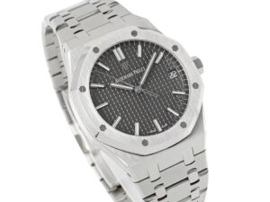 Royal Oak Stainless Steel watch with grey dial, 41mm case size, showcasing a sleek design and iconic detailing.