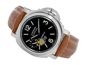 Luminor Marina Logo Stainless Steel watch with a black dial, 44mm case, and brown leather strap.