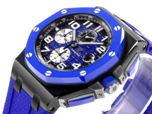 Royal Oak ‘Offshore Chronograph’ Ceramic, 44mm watch with blue dial, matching bezel, and textured blue strap.