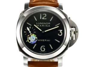 Luminor Marina Stainless Steel watch with black dial, large numerals, and a brown leather strap (44mm) displayed up close.