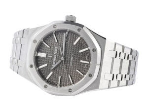 Royal Oak Stainless Steel watch with grey patterned dial, 41mm case, and integrated bracelet displayed at an angle.